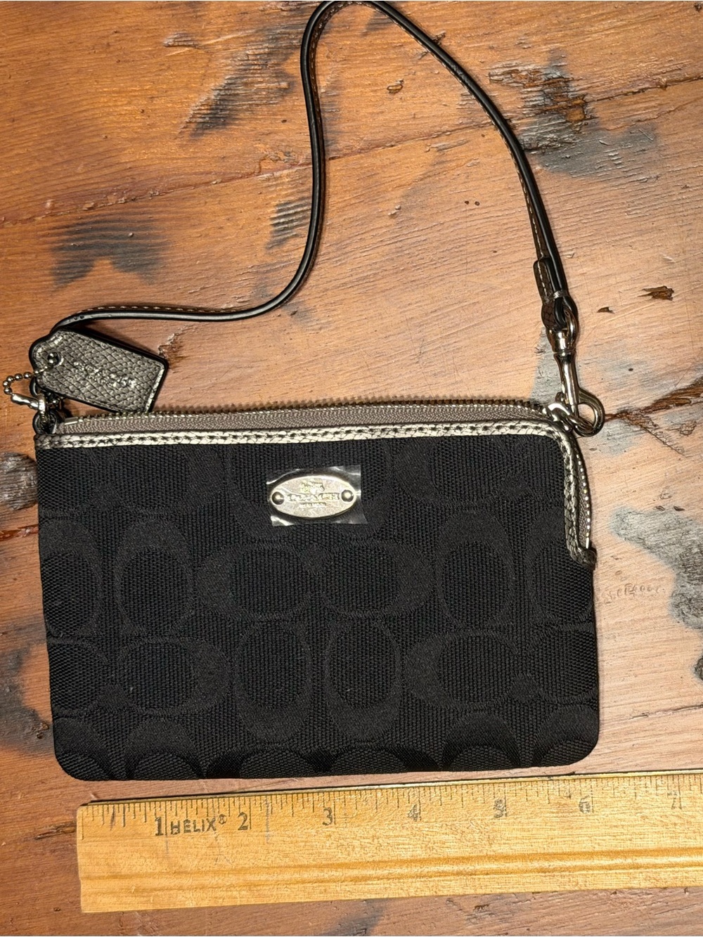 New Coach Black Signature Wristlet with Silver Trim Plate